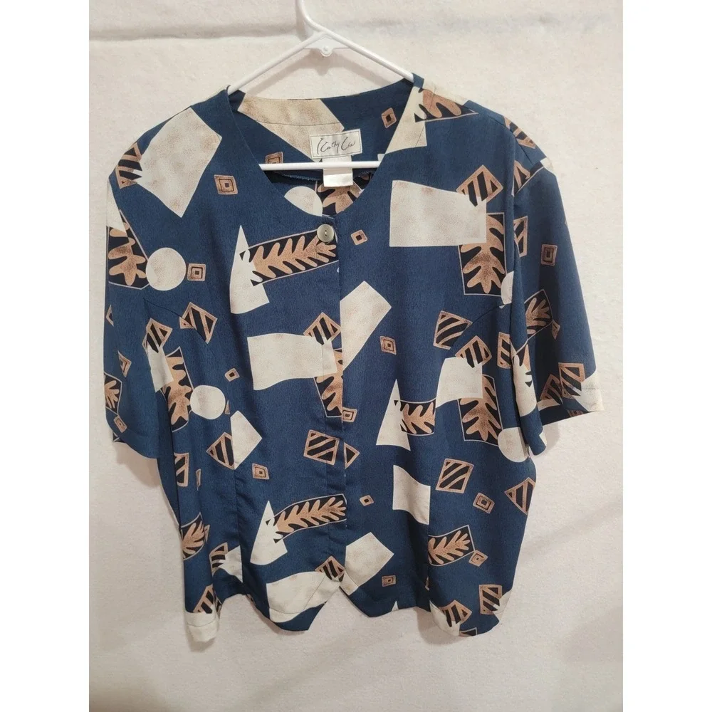 Vintage 90s‎ Cathy Che 2X Navy Abstract Geometric Scalloped Blouse Shoulder Pads